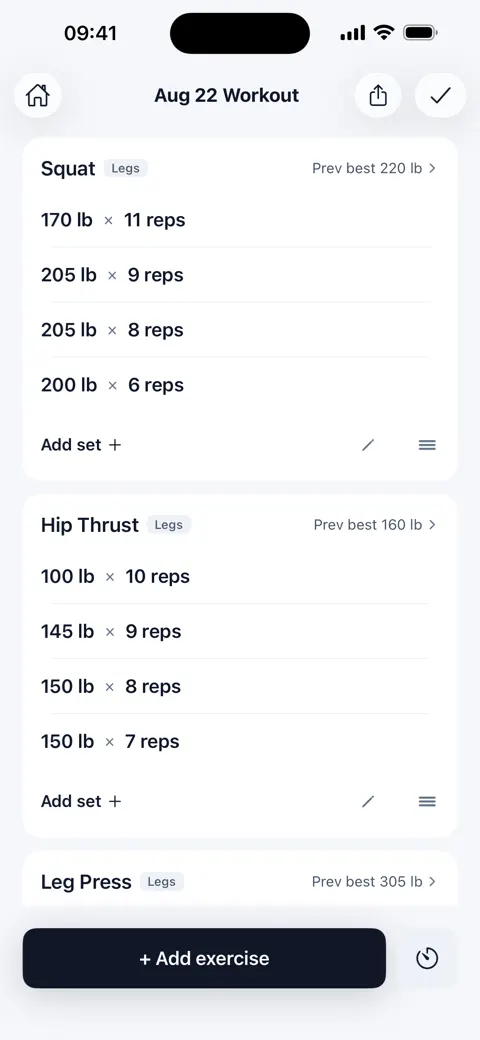 Day view — sets for each exercise