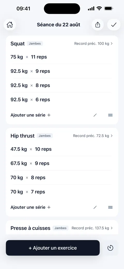 Vue du jour — séries par exercice
