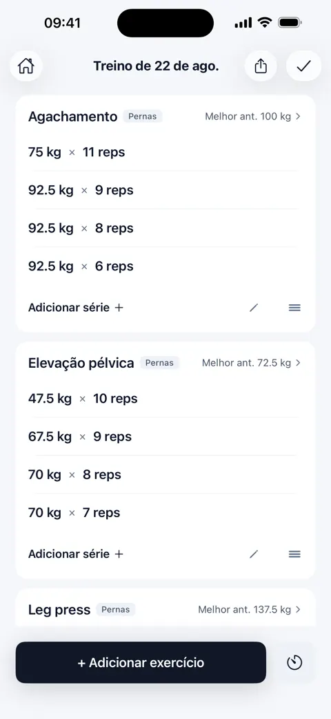 Tela do dia — séries de cada exercício